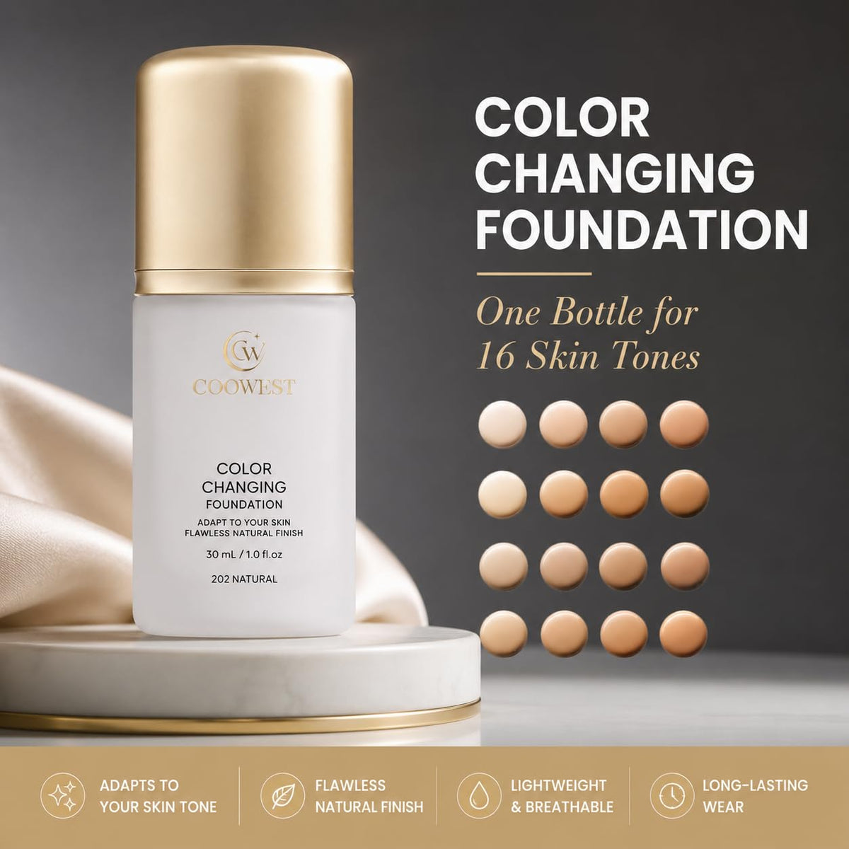 COOWEST Color Changing Foundation for Mature Skin, 4-in-1 Light to Medium Shade-Adapting Skin Tint, Lightweight Hydrating Coverage Liquid Foundation Makeup, Smooth & Blur Finish, 30ml (Medium) Coowest