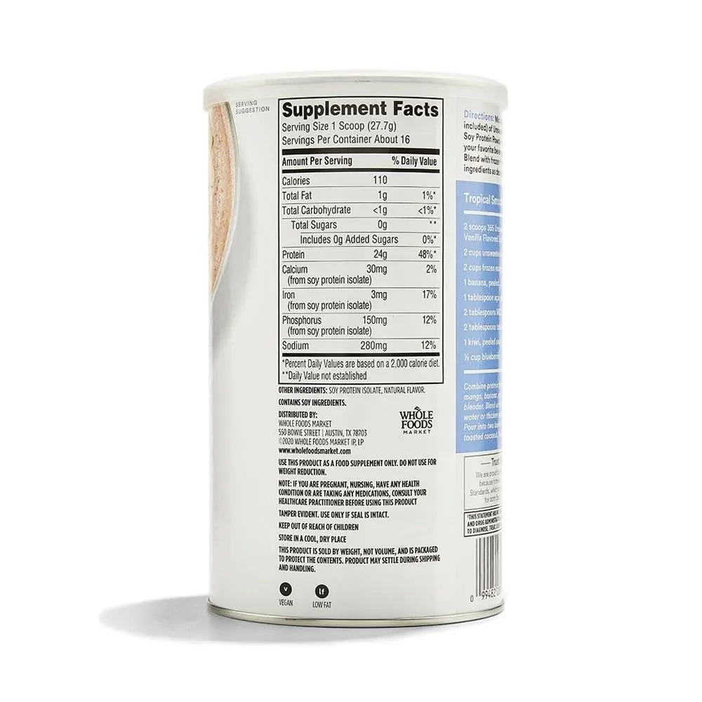 365 by Whole Foods Market, Soy Protein Powder, Unsweetened Vanilla Flavor, 15.63 oz 365 by Whole Foods Market