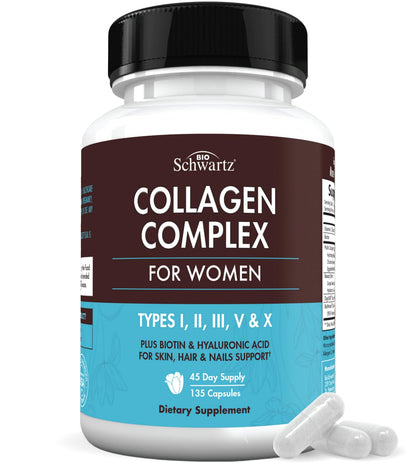 BioSchwartz Hydrolyzed Collagen Peptide Capsules - Multi Collagen Supplements for Women Types I, II, III, V, X with Vitamin C, Biotin, BioSchwartz