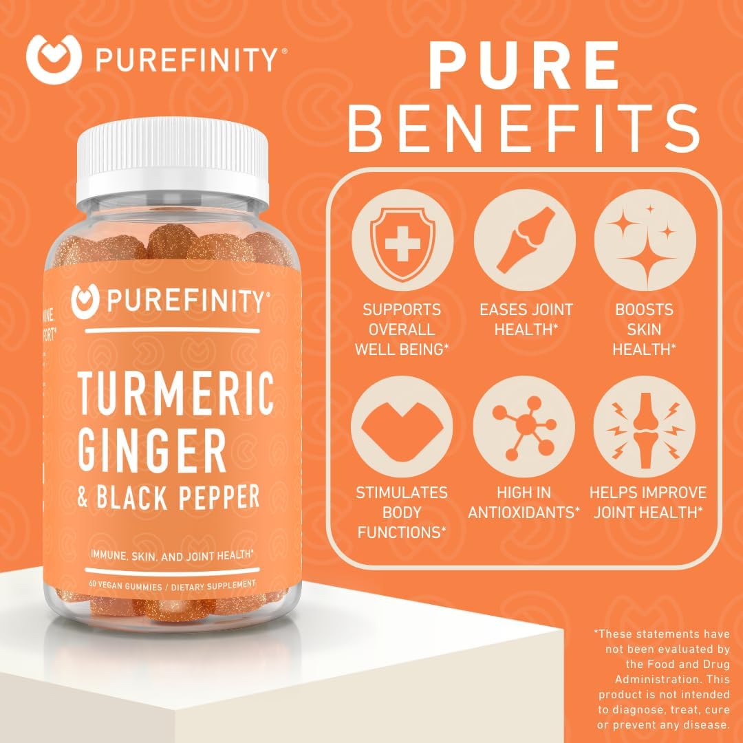 PUREFINITY Turmeric and Ginger Supplement Gummies with Black Pepper, Joint Support Curcumin Chewables with Delicious Flavor – Gluten Free, Non-GMO, Vegan, 60 Count