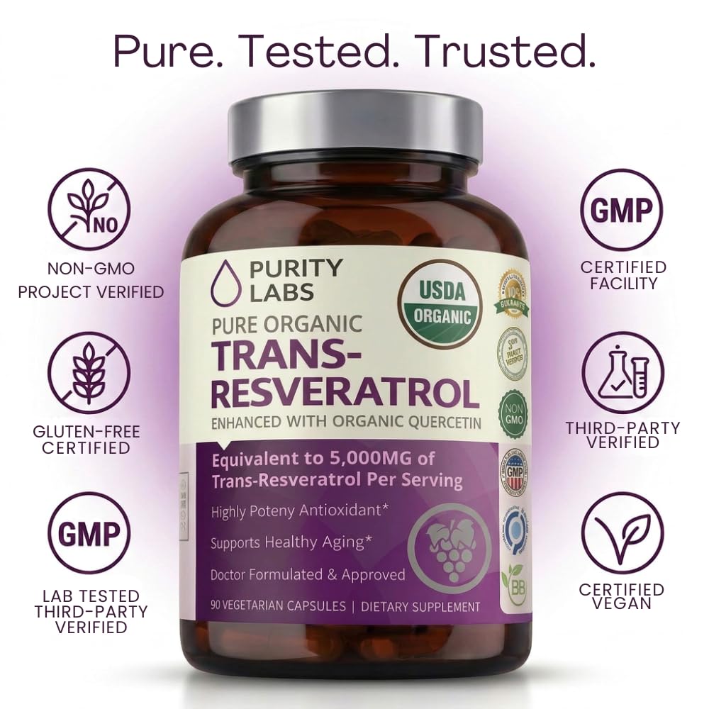 Purity Labs Trans-Resveratrol Supplement 5,000 mg Equivalent per Serving with Quercetin, USDA Organic High Potency Antioxidant, Purity Labs