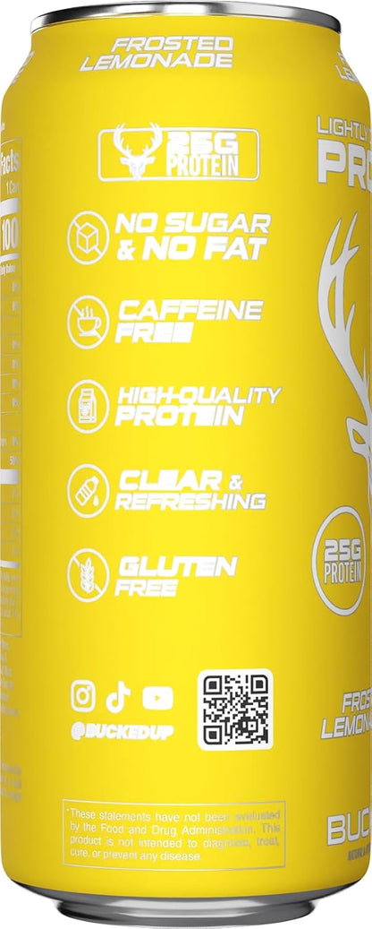 Bucked Up Lightly Carbonated Protein Soda | 25g Whey Isolate - Zero Sugar, Low Calorie, Caffeine Free, Clean Drink | Sparkling Protein Soda - 12 Pack, 16 oz Cans (Frosted Lemonade)