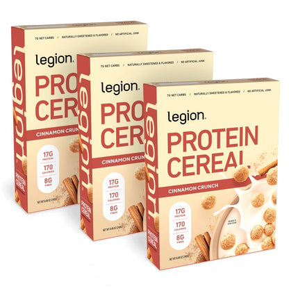 Legion Protein Cereal with 17g Milk Protein – Naturally Sweetened, High-Fiber Breakfast Cereal – Gluten-Free, Soy-Free, Lab-Tested for Purity – Variety 3 Pack for Adults & Athletes