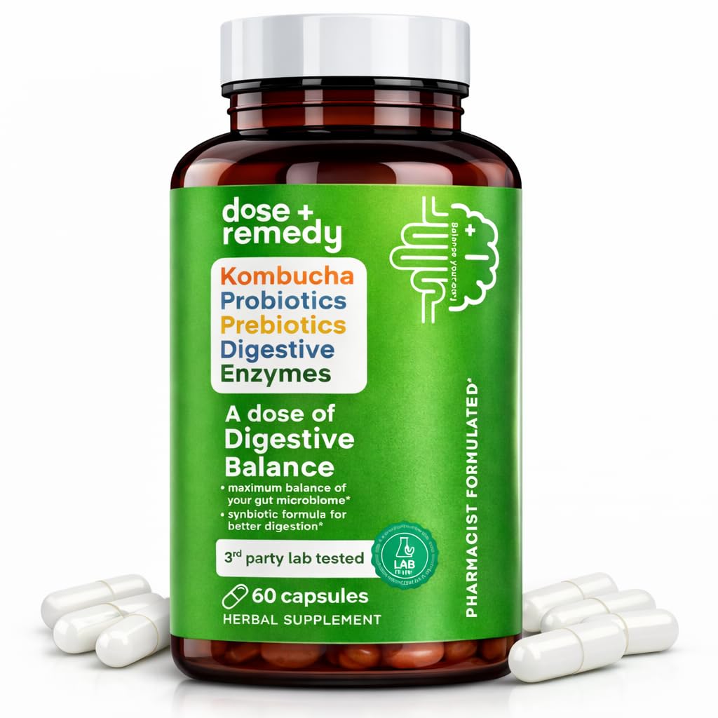 A dose of Digestive Balance-Gut Health Supplement-USDA-Kombucha, 7 Probiotic Strains and Prebiotics for Microbiome-Digestive Enzymes for Digestion dose + remedy