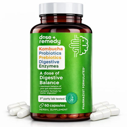 A dose of Digestive Balance-Gut Health Supplement-USDA-Kombucha, 7 Probiotic Strains and Prebiotics for Microbiome-Digestive Enzymes for Digestion dose + remedy