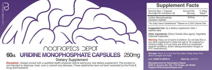 Nootropics Depot Uridine Monophosphate Capsules | Disodium Salt (60 Count) Cognitive Enhancer* | Nootropic | Choline Precursor