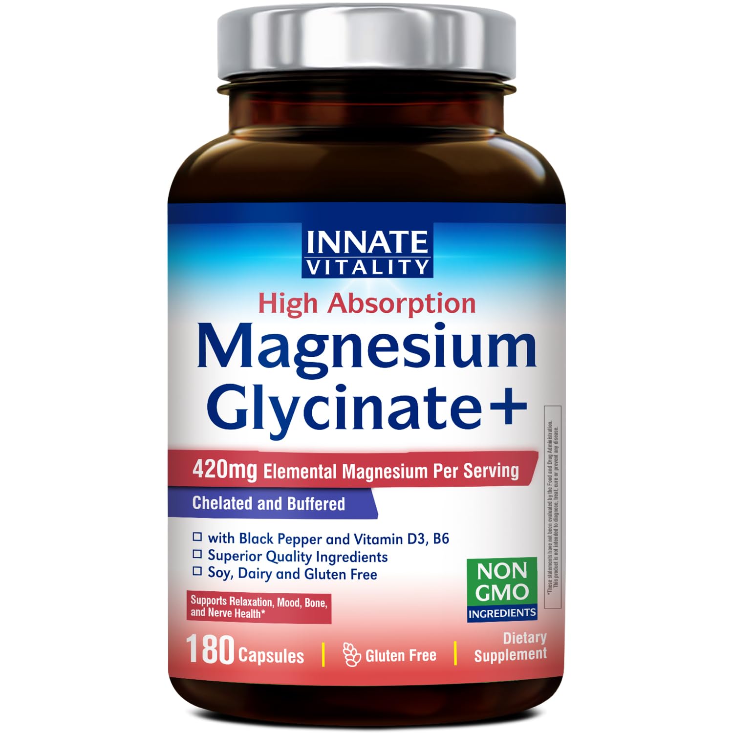 Innate Vitality Magnesium Glycinate Complex, 420mg Elemental Magnesium Per Serving, Enhanced Absorption, Black Pepper, Vitamin D3 & B6, Sleep Mood Bone Nerve Support, 180 Caps Innate Vitality buy australia supplements