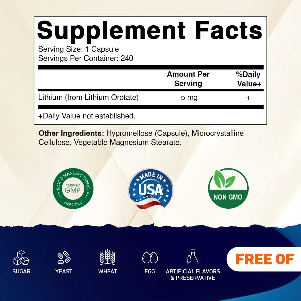 Vitamatic Lithium Orotate 5mg, 240 Veggie Capsules, Non-GMO, Gluten Free. Vitamatic
