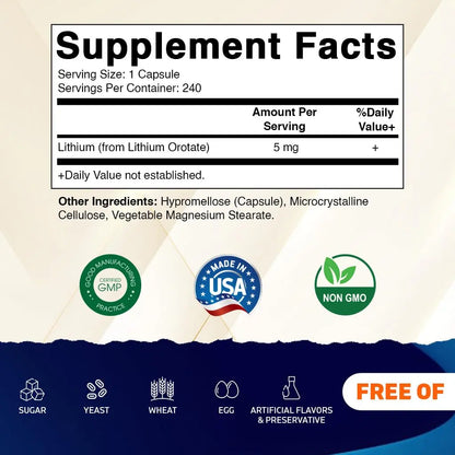 Vitamatic Lithium Orotate 5mg, 240 Veggie Capsules, Non-GMO, Gluten Free. Vitamatic