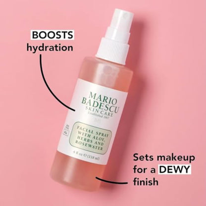 Mario Badescu Facial Spray with Aloe, Herbs and Rose Water for All Skin Types, Face Mist that Hydrates, Rejuvenates & Clarifies, 4 FL OZ Mario Badescu