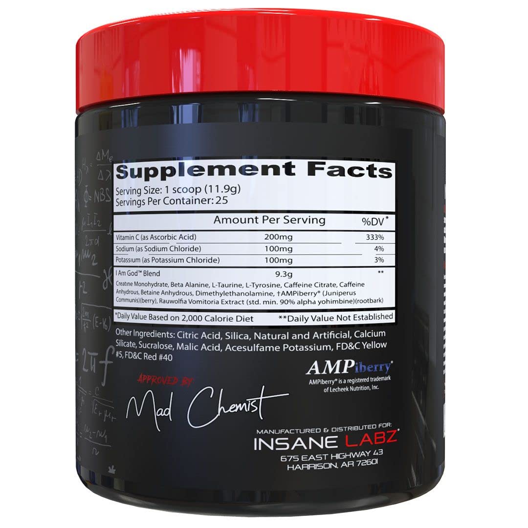 Insane Labz I am God Pre Workout, High Stim Pre Workout Powder Loaded with Creatine and DMAE Bitartrate Fueled by AMPiberry, Energy Focus Endurance Muscle Growth,25 Srvgs,Drink Ye All of It