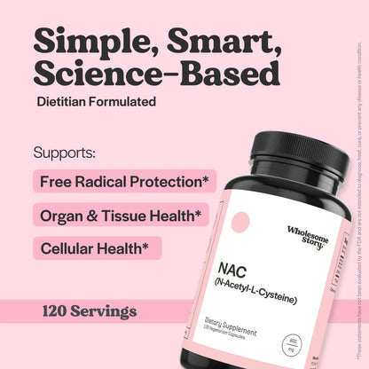 Wholesome Story NAC Supplement N Acetyl Cysteine 600 mg | Liver, Lung & Fertility Support | 120 Capsules | 120 Serving Supply Wholesome Story