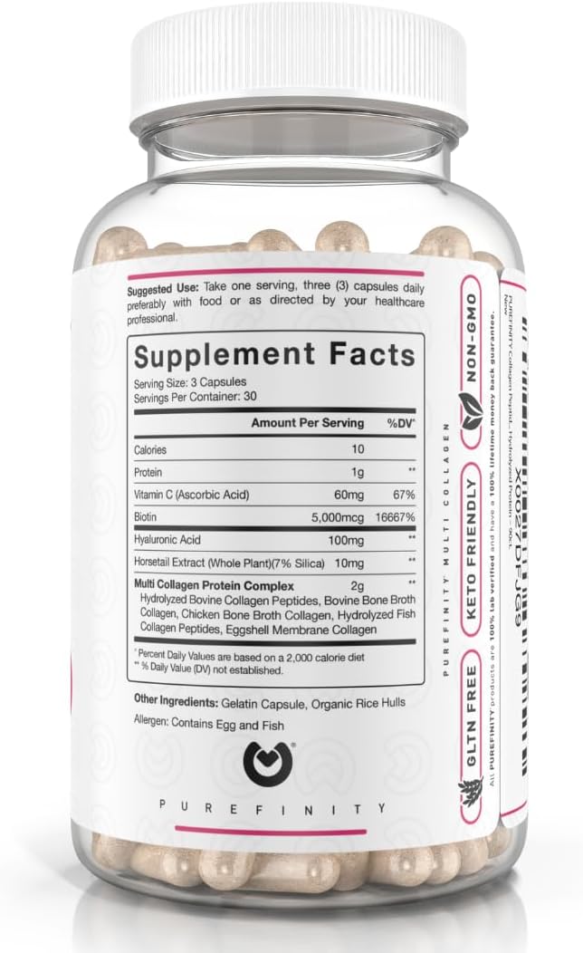 PUREFINITY Collagen Peptides for Women – Type I, II, III, V & X with Biotin & Hyaluronic Acid, Supports Healthy Skin, Bones, Hair & Nails – Non-GMO, Grass-Fed (90 Capsules, 1 Month Supply)