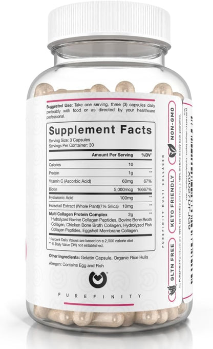 PUREFINITY Collagen Peptides for Women – Type I, II, III, V & X with Biotin & Hyaluronic Acid, Supports Healthy Skin, Bones, Hair & Nails – Non-GMO, Grass-Fed (90 Capsules, 1 Month Supply)