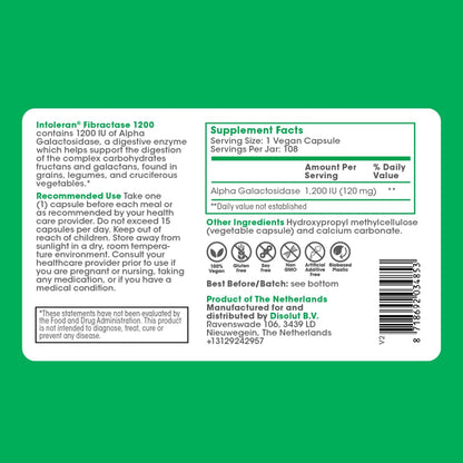 Intoleran Fibractase 1200 Digestive Enzymes - 108 Capsules | Supplement for Fructans & Galactans Intolerance | Helps Digest Carbohydrates; Grains, Legumes Intoleran