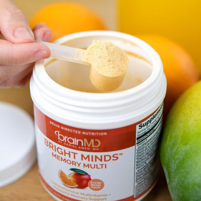 BRAINMD Dr Amen BRIGHT MINDS Memory Multi, Orange Mango Flavor - 5.4 oz Powder - Multivitamin & Memory Support - Gluten Free, Sugar Free - 30 Servings