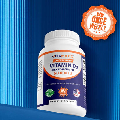Vitamatic Vitamin D3 50,000 IU (as Cholecalciferol), Once Weekly Dose, 1250 mcg, 60 Veggie Capsules 1 Year Supply, Progressive Formula Helping Vitamatic