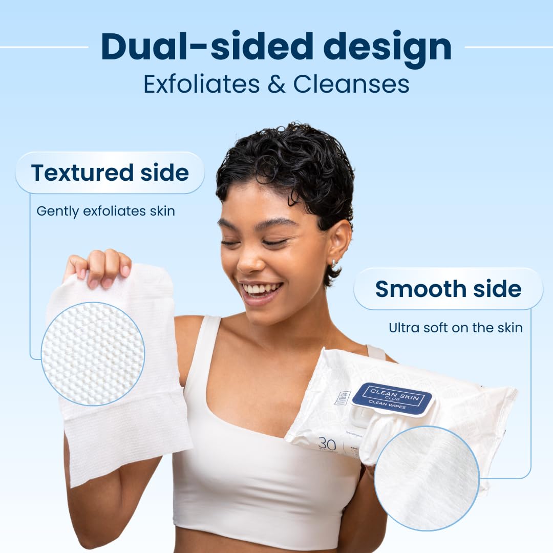 Clean Skin Club Clean Wipes, XL Makeup Remover Face Wipes, Textured Cleansing Facial Wipes for Sensitive Skin, Hypoallergenic, Fragrance-Free, Vegan, 40% Bigger, 30 Count CLEAN SKIN CLUB