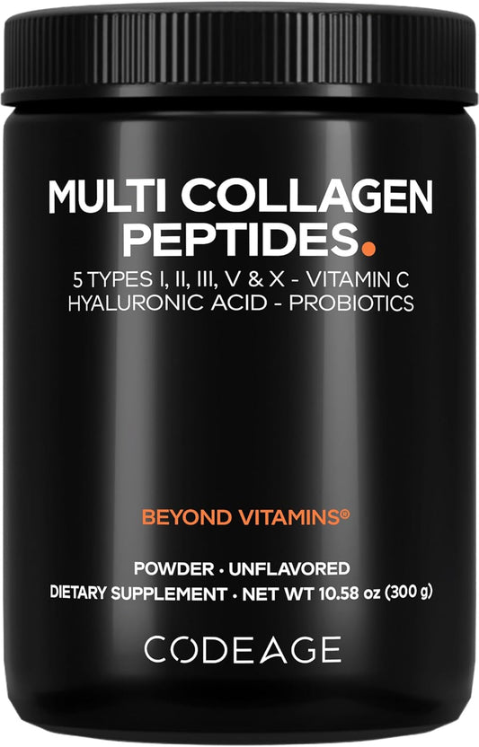 Codeage Multi Collagen Peptides Powder, Probiotics, Vitamin C, 10.58 Oz | Five collagen types with probiotics, vitamin C, hyaluronic acid. Grass-fed, hydrolyzed. Unflavored. Non-GMO.