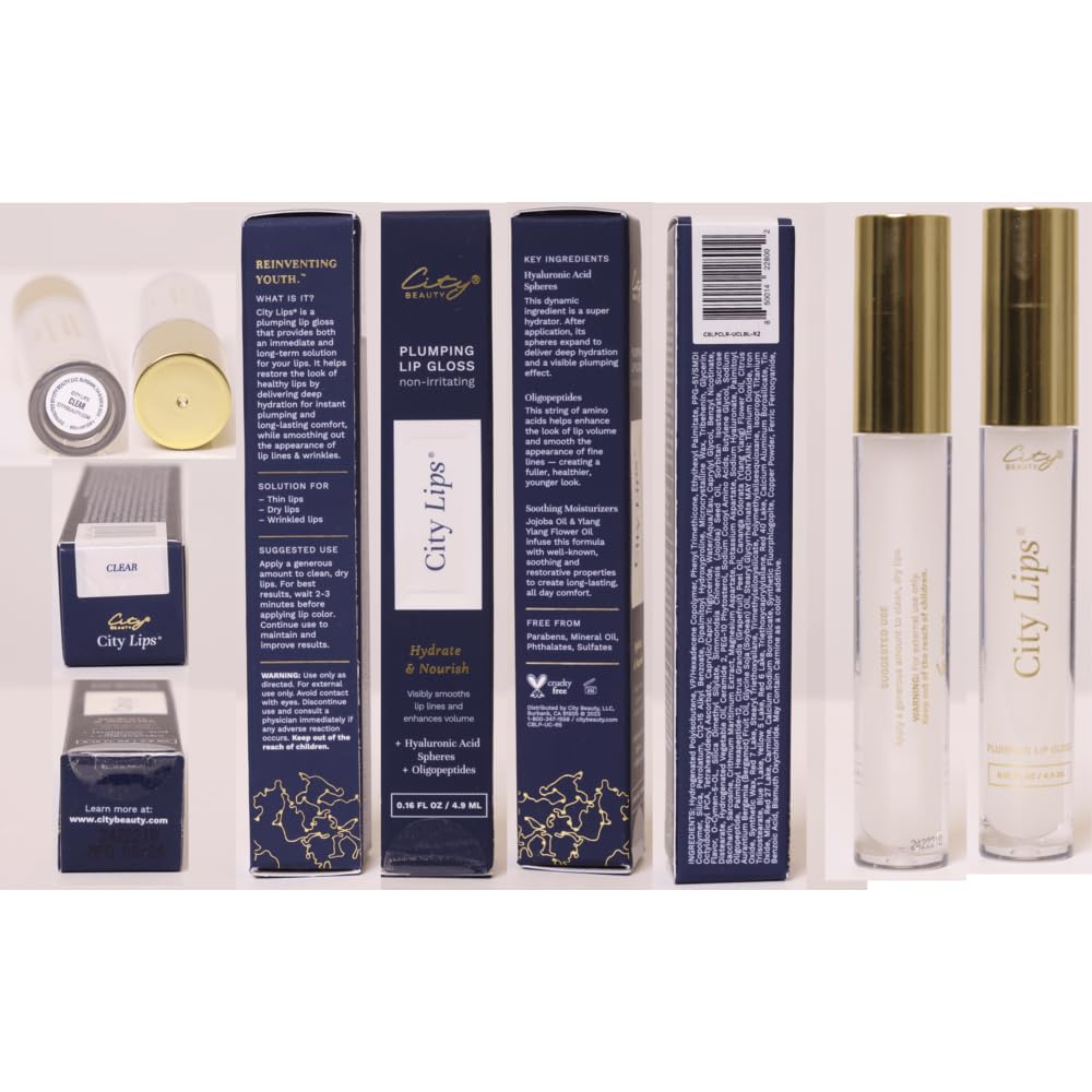 City Beauty City Lips Clear - Plumping Lip Gloss - Hydrate & Volumize - High Shine Lip Plumper - Hyaluronic Acid & Peptides Visibly Smooth Lip Wrinkles - Cruelty-Free (Clear, Pack of 1) City Beauty