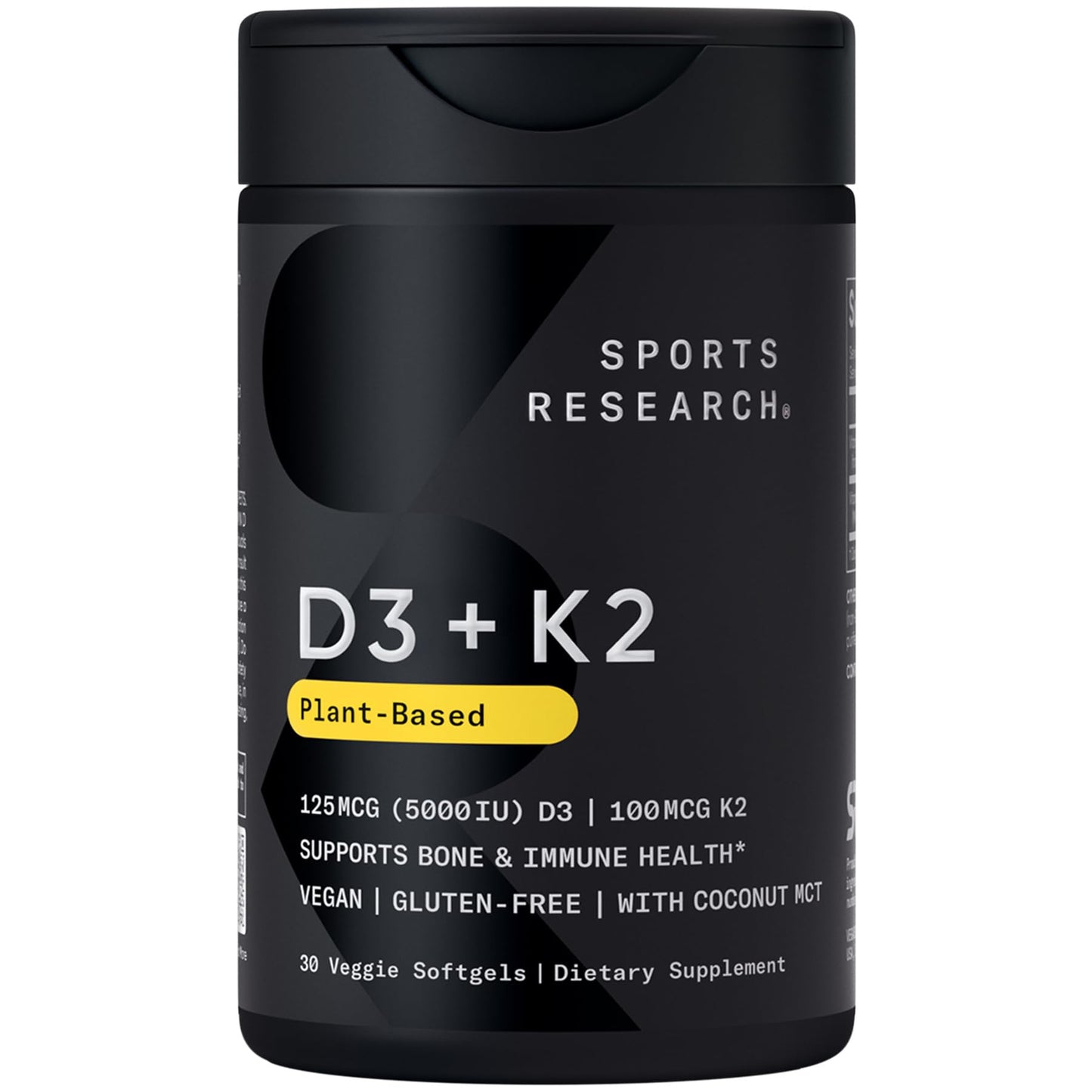 Sports Research® Vegan Vitamin D3 + K2 w/Coconut Oil, 60 Count Plantgels™ | Plant-Based Vitamin D 5000iu/125mcg & Soy-Free Vitamin K 100mcg for Bone & Immune Support - Vegan Certified · Non-GMO Gsupps Australia