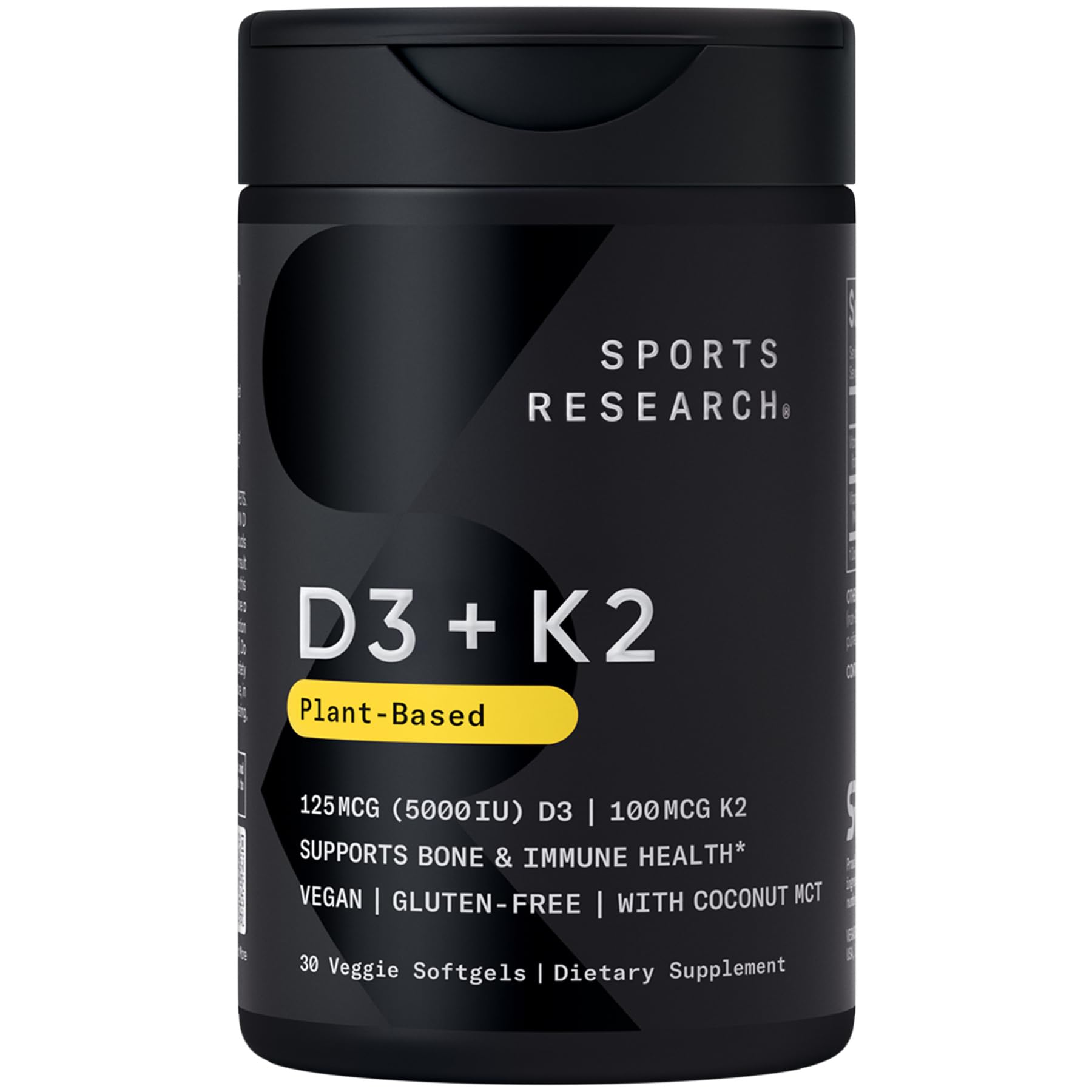 Sports Research® Vegan Vitamin D3 + K2 w/Coconut Oil, 60 Count Plantgels™ | Plant-Based Vitamin D 5000iu/125mcg & Soy-Free Vitamin K 100mcg for Bone & Immune Support - Vegan Certified · Non-GMO Gsupps Australia