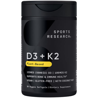 Sports Research® Vegan Vitamin D3 + K2 w/Coconut Oil, 60 Count Plantgels™ | Plant-Based Vitamin D 5000iu/125mcg & Soy-Free Vitamin K 100mcg for Bone & Immune Support - Vegan Certified · Non-GMO Gsupps Australia