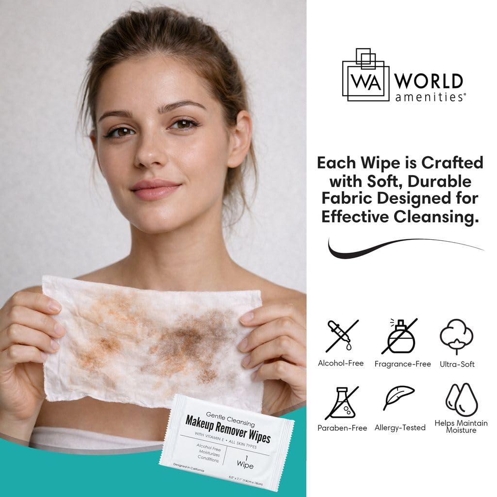 World Amenities Individual Makeup Remover Wipes, 50 Individually Wrapped World Amenities
