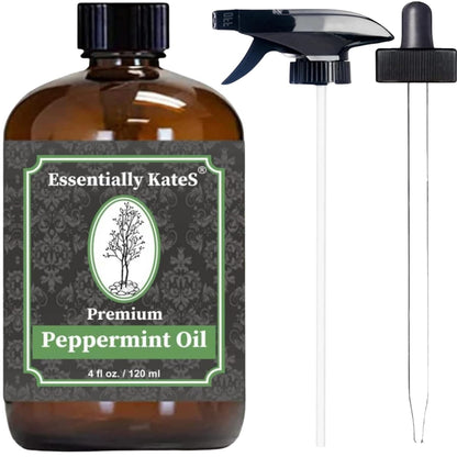 Peppermint Essential Oil 4 oz. with Huge Glass Bottle, Glass Dropper, and Sprayer. Detailed User's Guide E-Book. Skin Care, Garden Care, and Hair Care. Essentially KateS