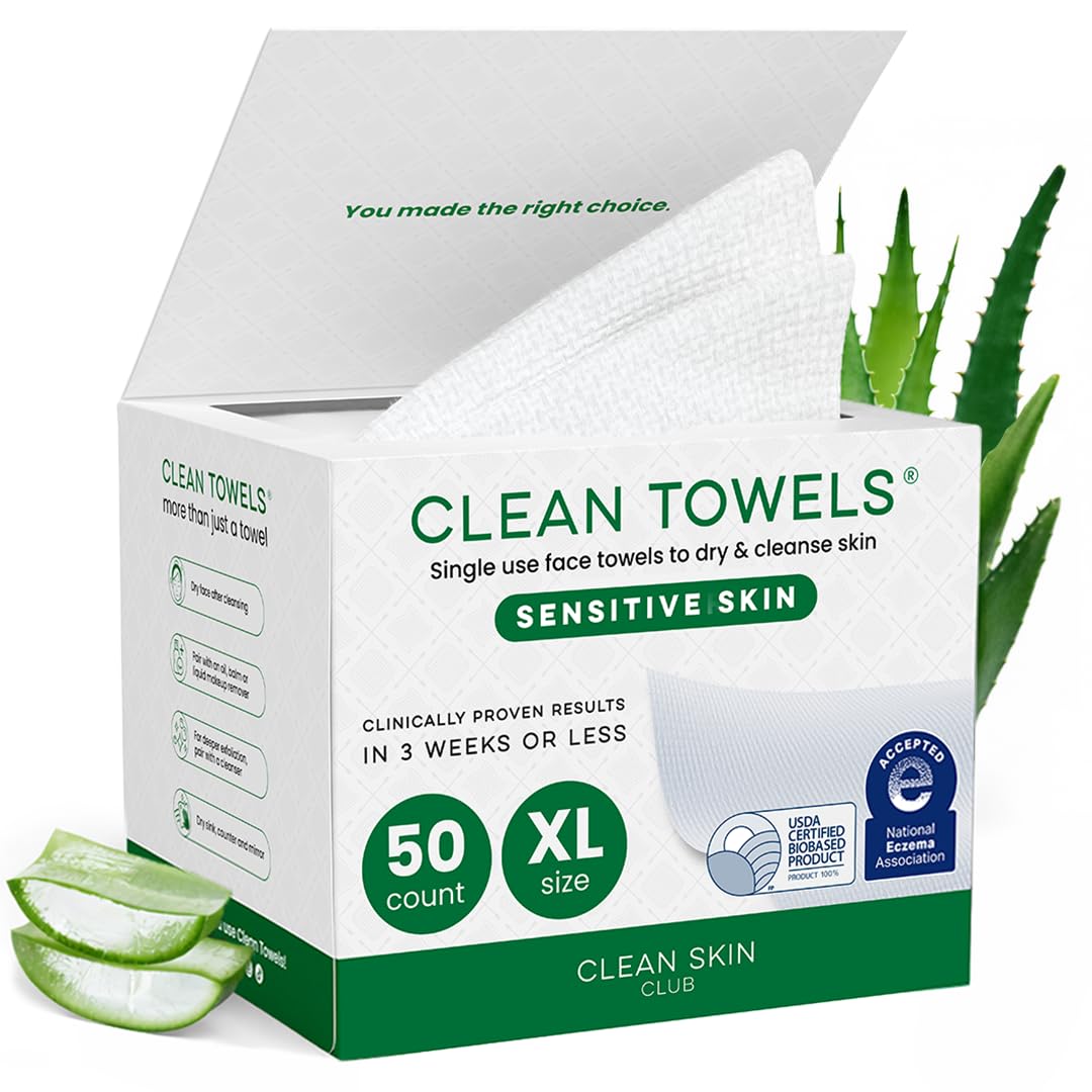 CLEAN SKIN CLUB Sensitive Skin Clean Towels® XL, Ultra-Soft Disposable Face Dry Wipes Infused with Aloe & Glycerin, XL - 1 Pack (50 count) CLEAN SKIN CLUB