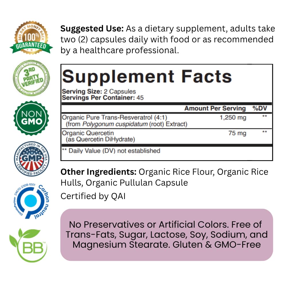 Purity Labs Trans-Resveratrol Supplement 5,000 mg Equivalent per Serving with Quercetin, USDA Organic High Potency Antioxidant, Purity Labs