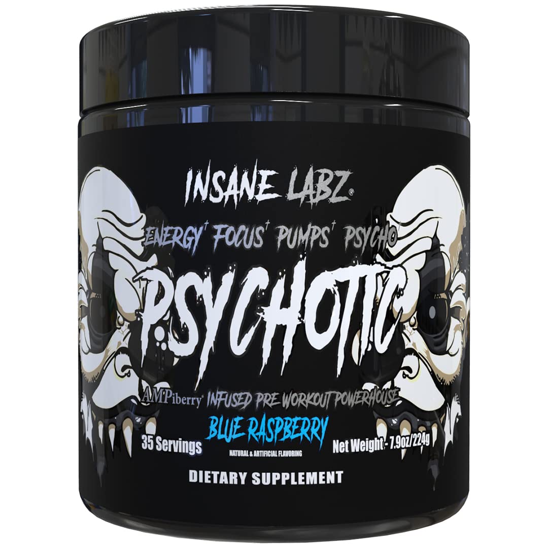 Insane Labz Psychotic Black Edition Mid Stimulant Pre Workout Powder, Energy Focus Pumps, Loaded with Creatine Beta Alanine Taurine Fueled by AMPiberry, 35 Servings (Blue Raspberry) Insane Labz buy australia supplements