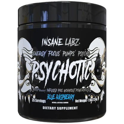 Insane Labz Psychotic Black Edition Mid Stimulant Pre Workout Powder, Energy Focus Pumps, Loaded with Creatine Beta Alanine Taurine Fueled by AMPiberry, 35 Servings (Blue Raspberry) Insane Labz