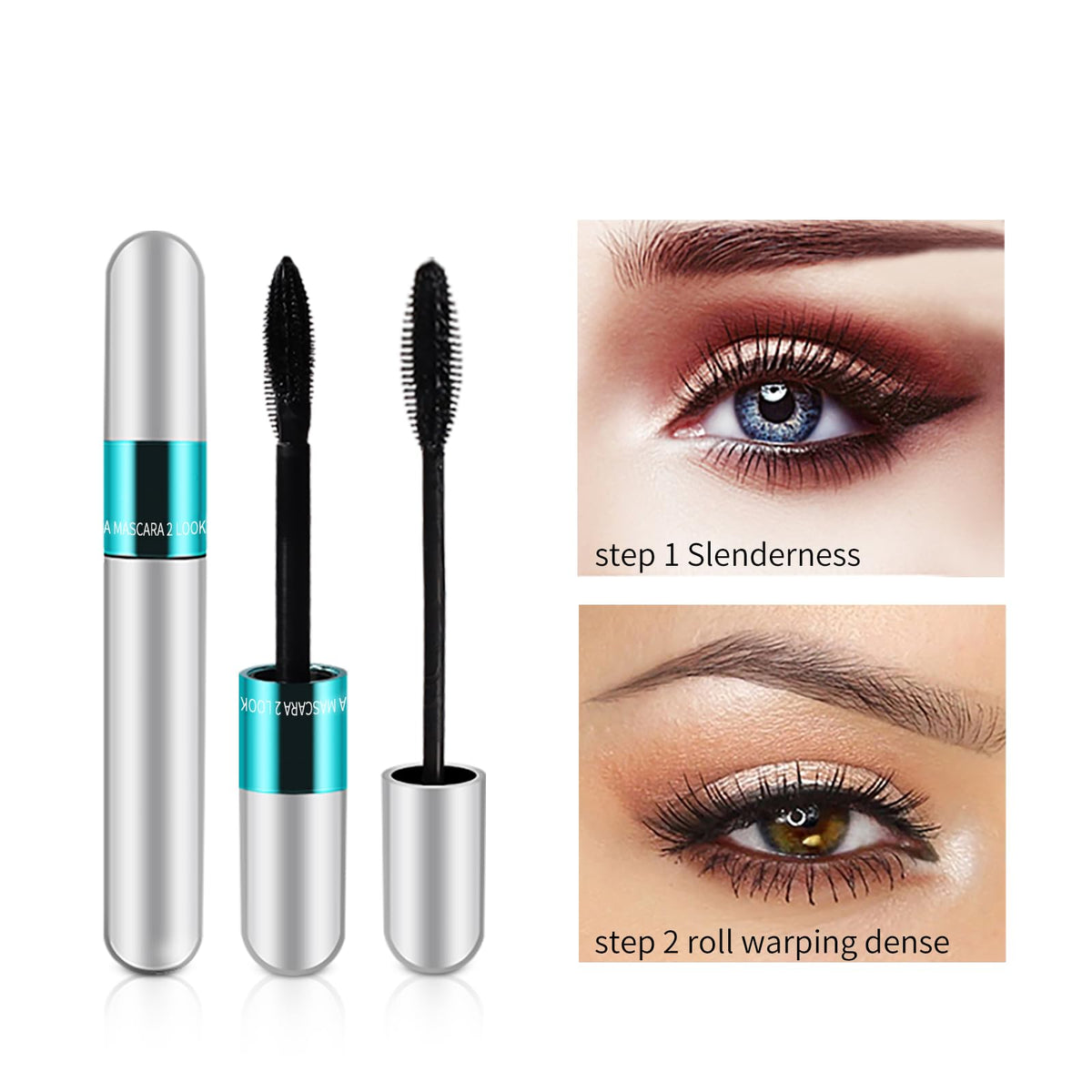 2 Pack 2 in 1 5x Longer Washable Mascara, Waterproof Lash Cosmetics Natural KUNSHNBEI