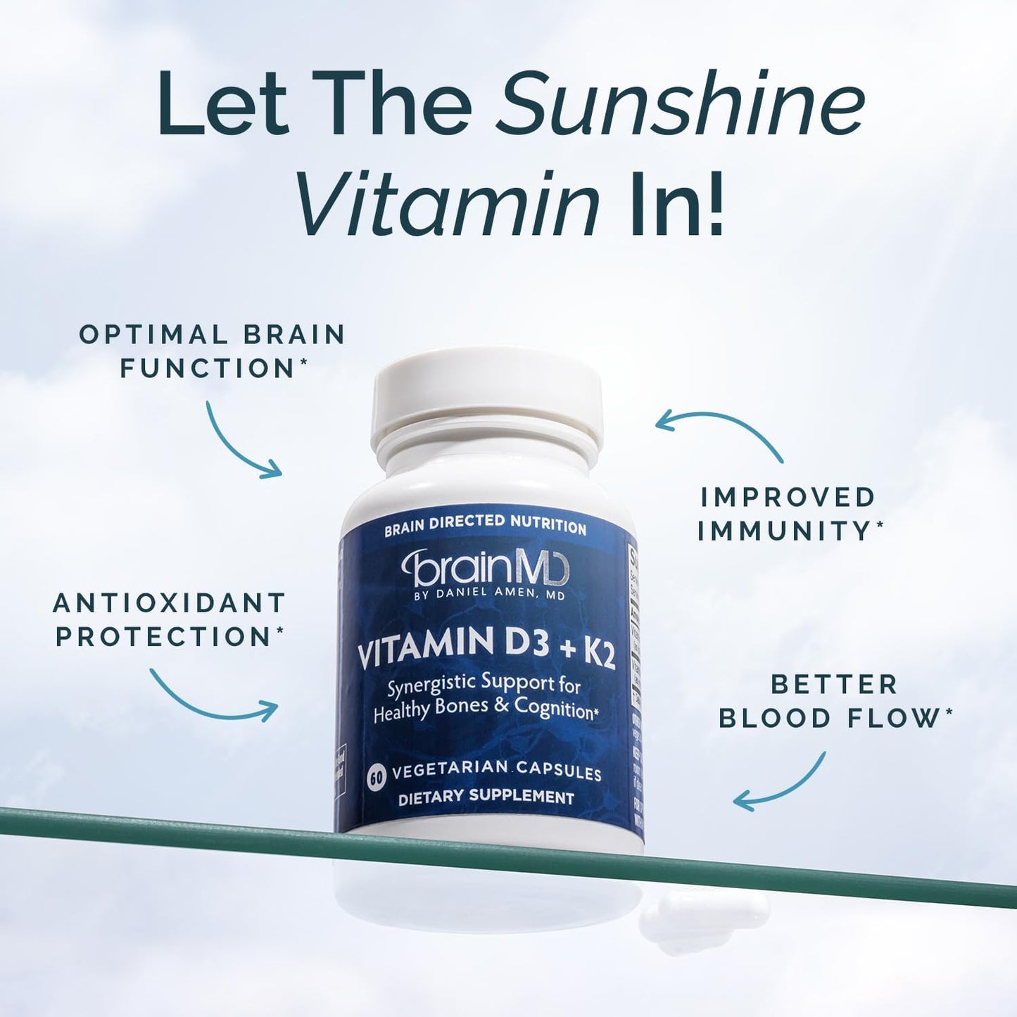 BRAINMD Vitamin D3 + K2, 60 Capsules - Synergistic Support for Healthy Bones & Cognition - Gluten Free - 60 Servings