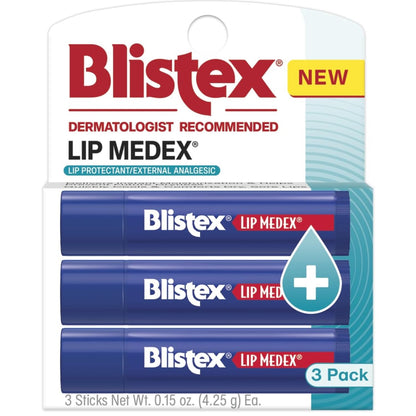 Blistex Lip Medex Medicated Lip Balm, 24 Hr Moisture, 0.15 oz, 3 Count Blistex