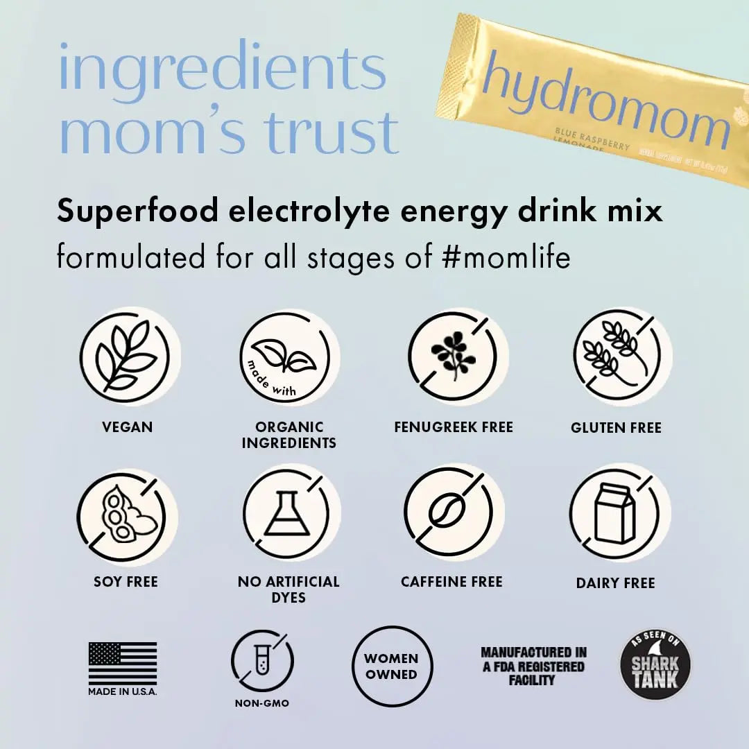 Boobie Hydromom Superfood Electrolyte Drink Mix, Blue Raspberry Lemonade | Refreshing Energy & Hydration Boost for Mamas | On-The-Go & Travel Essentials for Pregnancy, Boobie Brands