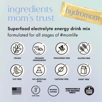 Boobie Hydromom Superfood Electrolyte Drink Mix, Blue Raspberry Lemonade | Refreshing Energy & Hydration Boost for Mamas | On-The-Go & Travel Essentials for Pregnancy, Boobie Brands