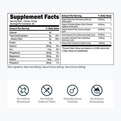 Transparent Labs Prebiotic Greens - Superfood Powder & Antioxidants Supplement with Organic Spirulina, Chloerra, Acacia, & Green Banana Powder - 30 Servings, Unflavored