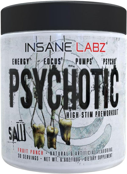 Insane Labz Psychotic Saw, High Stim Pre Workout Powder with OxyGold™ and AMPiberry®,Extreme Lasting Energy with Teacrine®,Focus with CognitIQ® and Endurance (30 Servings, Fruit Punch)