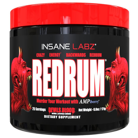 Insane Labz Redrum High Stim Pre Workout NO Booster Powder, Loaded with Beta Alanine Agmatine Sulfate Taurine Fueled by AMPiberry, OXYgold,Focus Strength Recovery,25 Srvgs Devil's Blood Black Cherry