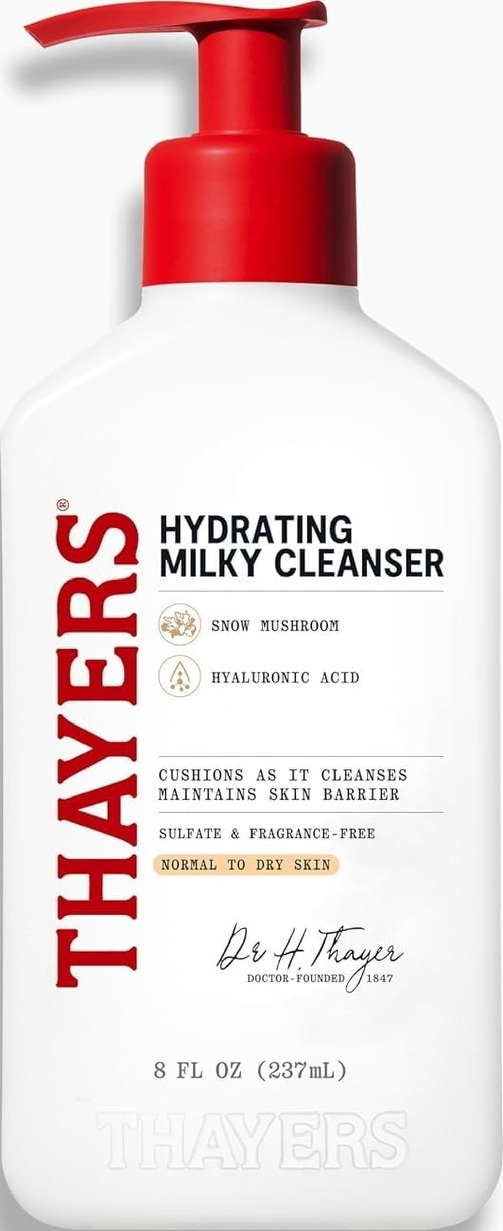 Thayers Milky Hydrating Face Cleanser with Snow Mushroom and Hyaluronic Acid, Dermatologist Recommended Gentle Facial Wash and Hydrating Skincare for Dry and Sensitive Skin, Paraben Free, 8 Fl Oz THAYERS