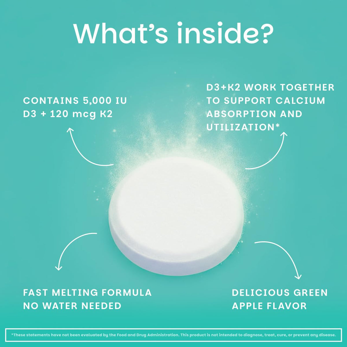 EZ Melts Dissolvable Vegan Vitamin D3 + K2 5,000 IU - Bone & Heart Health Support - Immune Function Support - No Artificial Flavors - Non-GMO - Green Apple EZ Melts