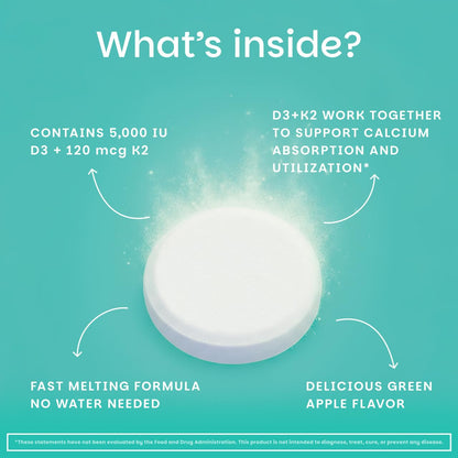 EZ Melts Dissolvable Vegan Vitamin D3 + K2 5,000 IU - Bone & Heart Health Support - Immune Function Support - No Artificial Flavors - Non-GMO - Green Apple EZ Melts