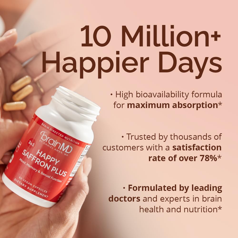 BRAINMD Dr Amen Happy Saffron Plus - 90 Capsules - with Saffron Flower Extract, Curcumin & Zinc - Vegan, Gluten Free - 30 Servings | 30 Servings