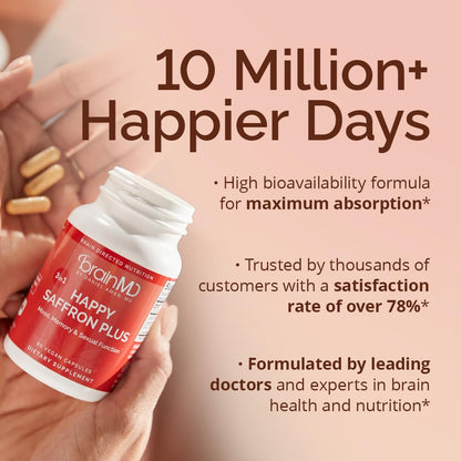 BRAINMD Dr Amen Happy Saffron Plus - 90 Capsules - with Saffron Flower Extract, Curcumin & Zinc - Vegan, Gluten Free - 30 Servings | 30 Servings