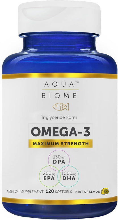 Aqua Biome by Enzymedica Omega 3 Fish Oil Maximum Strength - 120 Softgels | Fish Oil Omega 3 Fatty Acid Supplement for Women & Men, Source of DPA, EPA, & DHA, Heart & Brain Health Support, Gluten Free Gsupps Australia