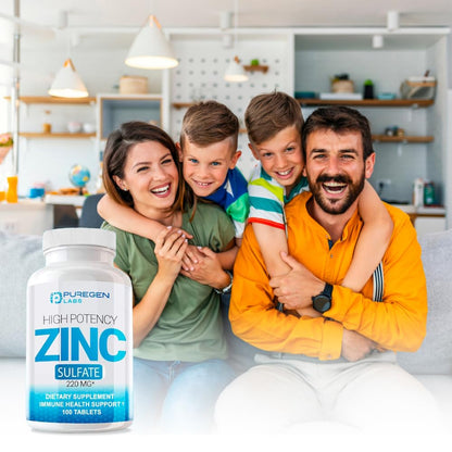 Zinc 220mg [High Potency] Supplement – Zinc Sulfate for Immune Support System 100 Tablets P Puregen Labs