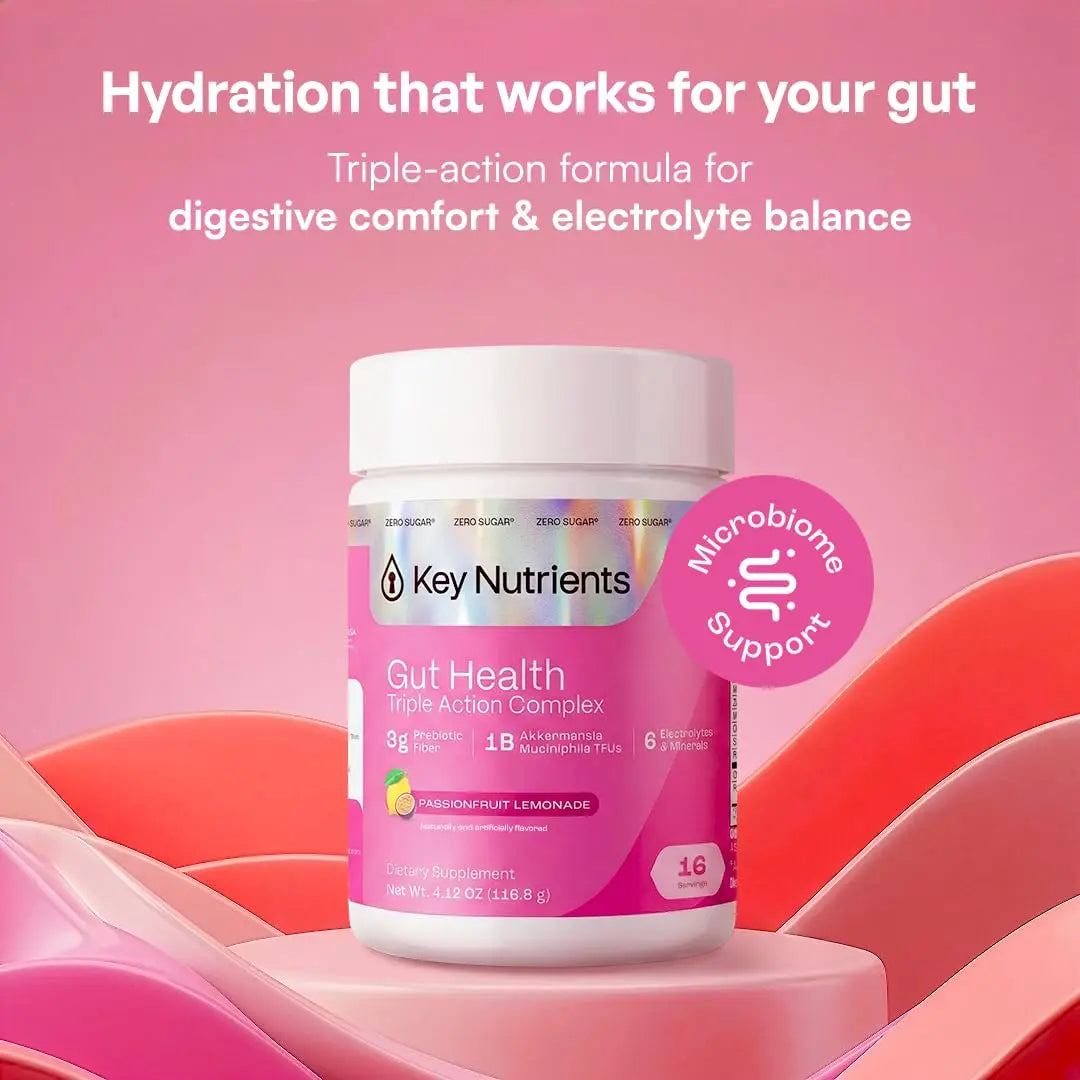 KEY NUTRIENTS Gut Health Hydration – Passionfruit Lemonade, Fiber Supplement with 3g Prebiotic Fiber & Akkermansia Probiotics for Women and Men KEY NUTRIENTS