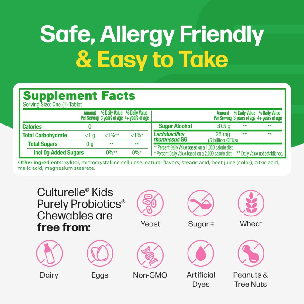 Culturelle Kids Chewable Daily Probiotic for Kids, Ages 3+, 30 Count, #1 Pediatrician-Recommended Brand, Natural Berry Flavored Daily Probiotics Culturelle